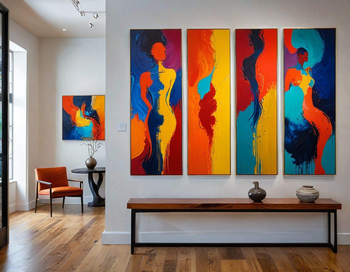 A vibrant gallery filled with contemporary art pieces reflecting various cultures, where diverse viewers engage with the art, their expressions revealing stories of connection and inspiration. Incorporate abstract sculptures and bold paintings with rich colors, creating a dynamic visual flow that highlights the impact of storytelling in art. Illuminate the scene with soft, warm lighting, suggesting a welcoming atmosphere. Painting style, embracing fluid brush strokes and vivid contrasts.