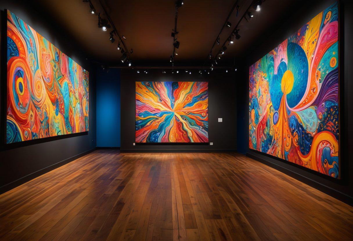 A vibrant contemporary art gallery filled with colorful abstract paintings, sculptures, and installations, showcasing a diverse array of artistic expressions. Glowing lights highlight the intricate details of the artworks, while visitors engage in lively discussions, creating a dynamic atmosphere. The walls are adorned with large murals, and the floor is polished wood, reflecting the creativity surrounding it. The scene captures the essence of artistic exploration and appreciation. super-realistic. bright colors. modern aesthetic.